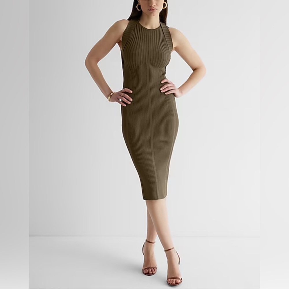 SOLD OUT Express Army Green Ribbed Pencil MIDI Dress S NWT